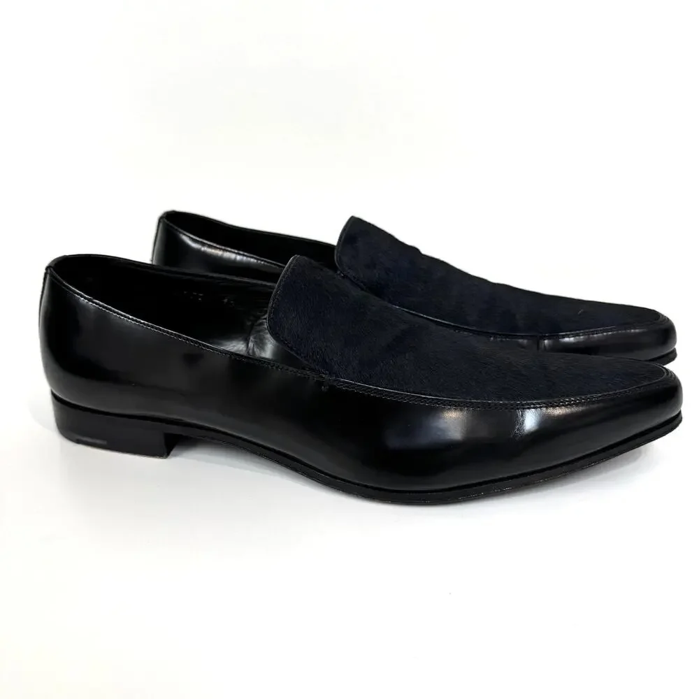 PRADA Black Patent Leather Combination Calf Hair Point Toe Loafer 10 Pony Shoes